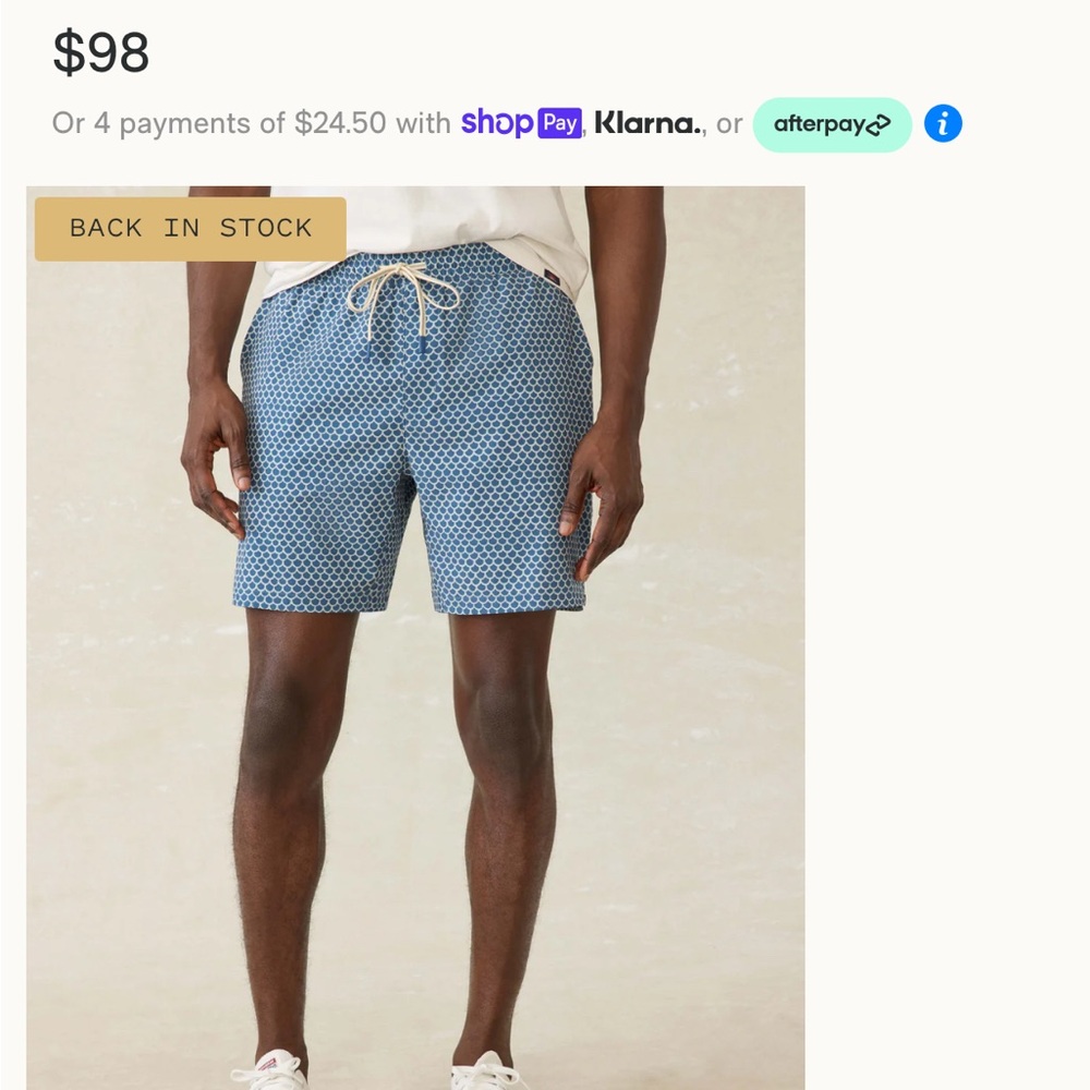 NWT Faherty Men's Blue Patterned (FishScale Batik) Board Shorts 7” Inseam